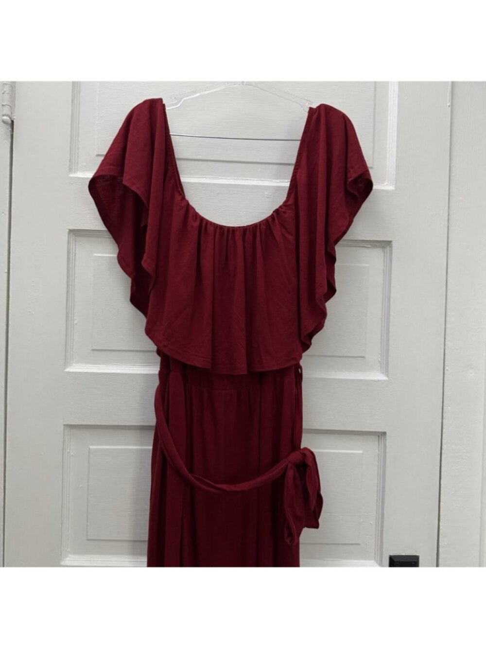 Pinup Fashion Burgundy Off Shoulder Maxi Dress Flutter Sleeve Belted 18 - Picture 5 of 12